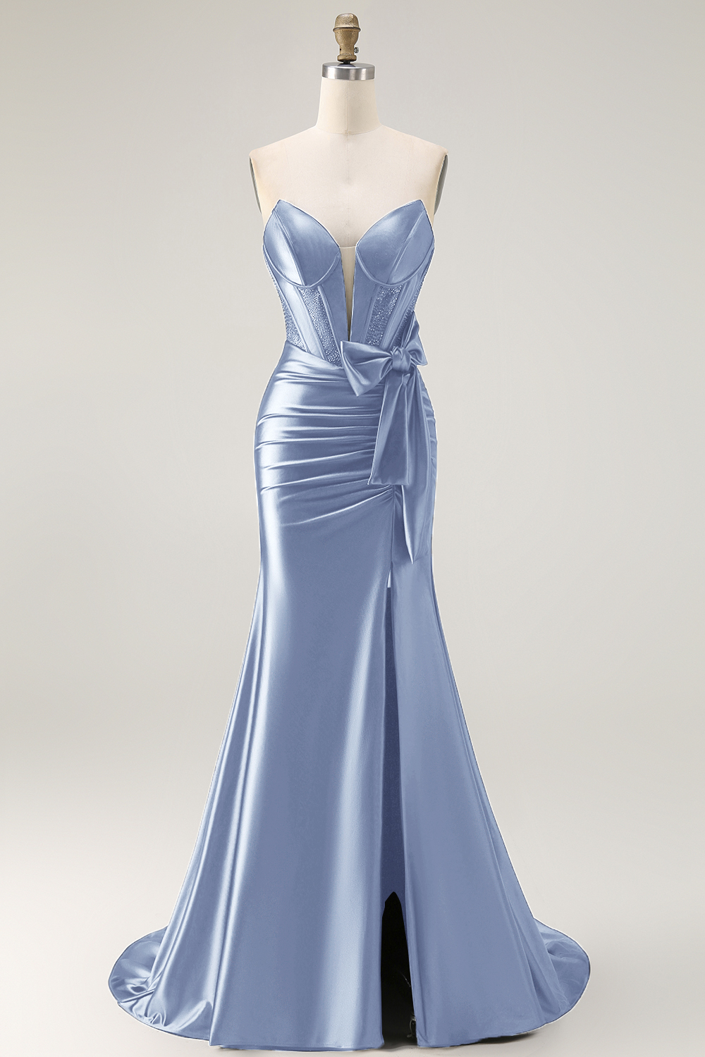 Navy Satin Strapless Mermaid Long Corset Prom Dress with Slit