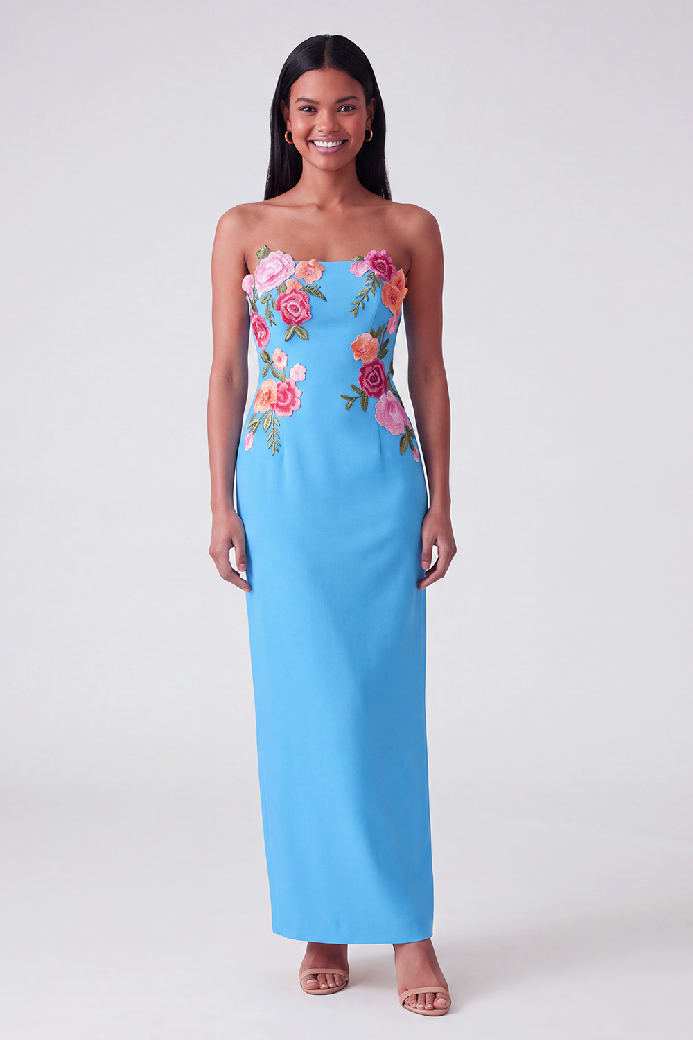 Strapless Light Yellow Floral Maxi Sheath Formal Dress