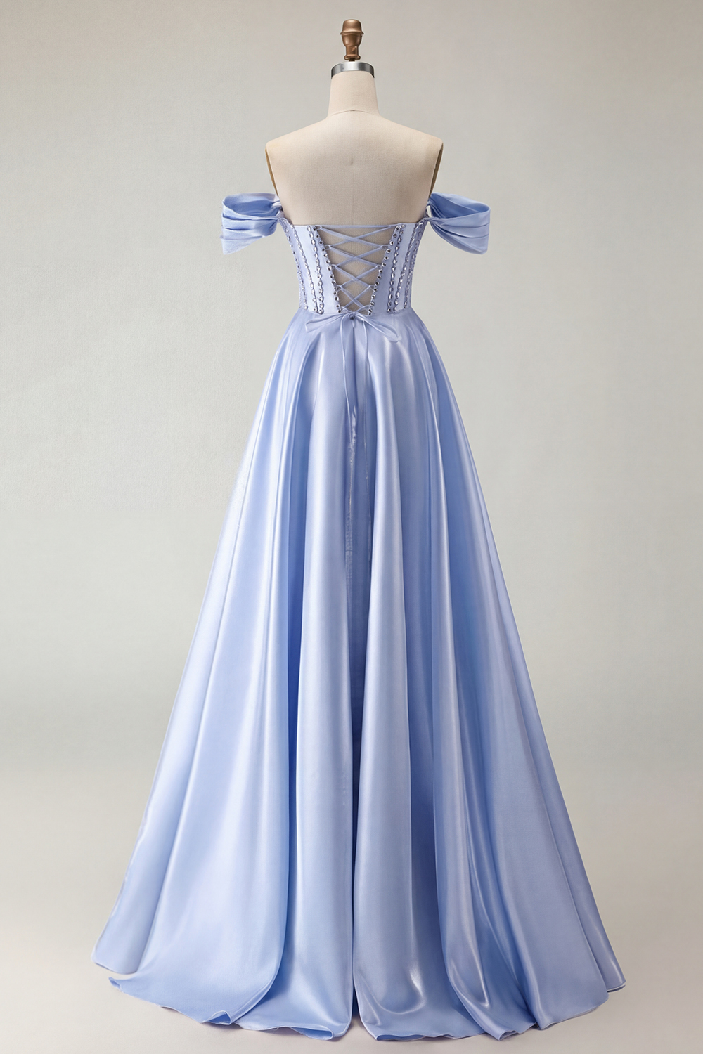 Sparkly Purple A-Line Satin Off the Shoulder Long Corset Prom Dress with Slit