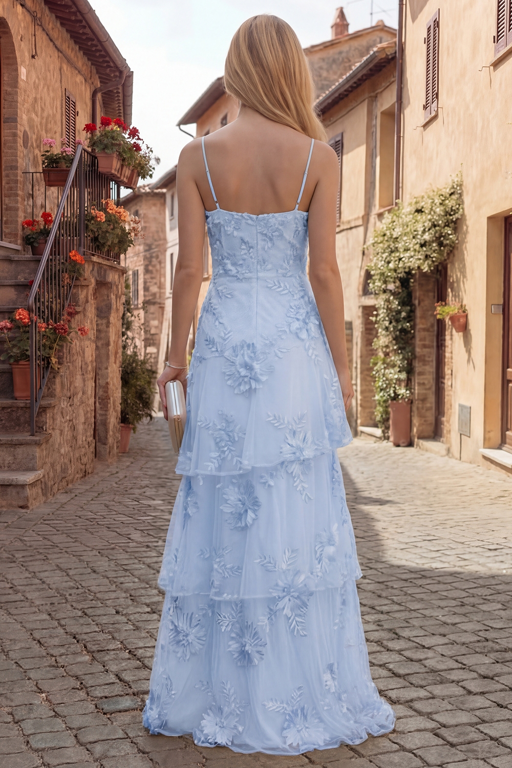 Yellow Spaghetti Straps Floral Long A Line Prom Dress with Ruffles