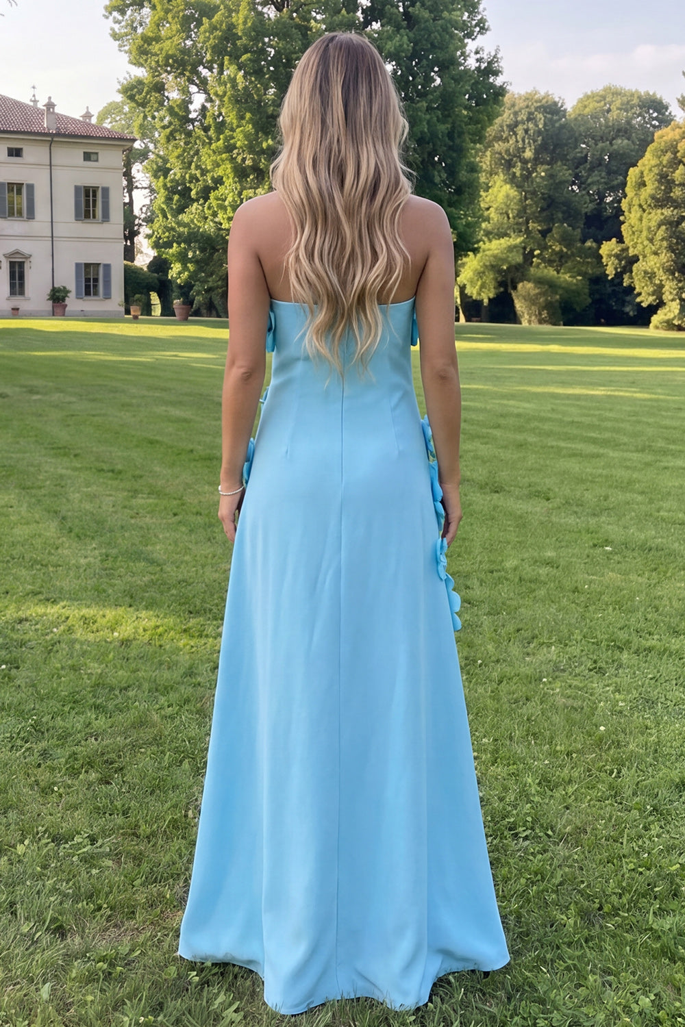 Blue Floral A Line Strapless Long Formal Dress