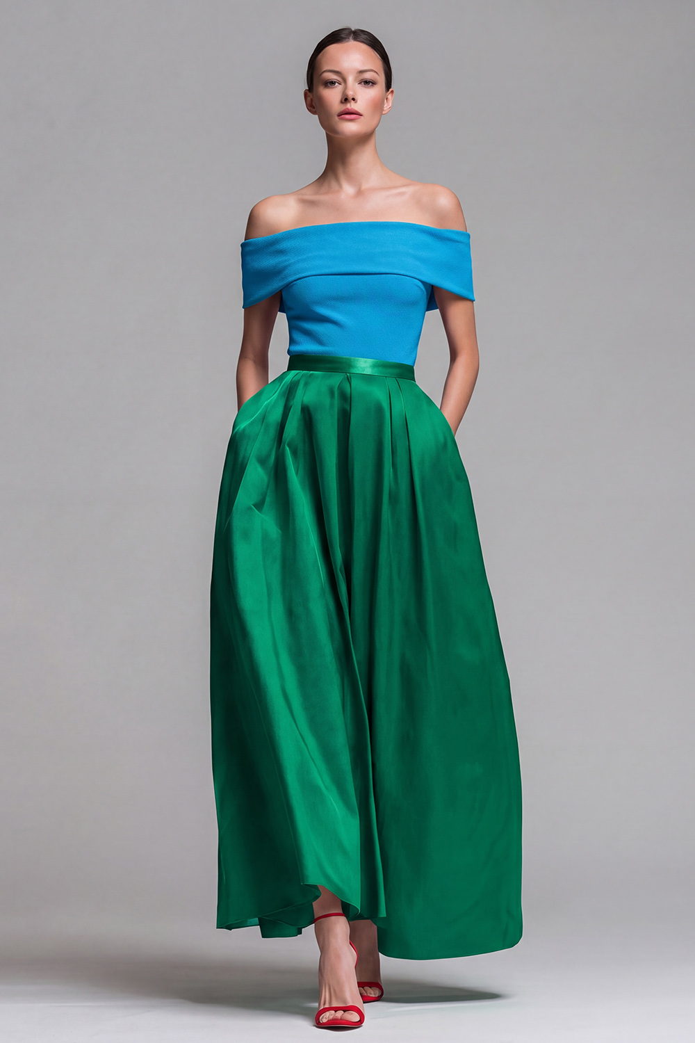 Fuchsia and Red A Line Off the Shoulder Long Patchwork Formal Dress
