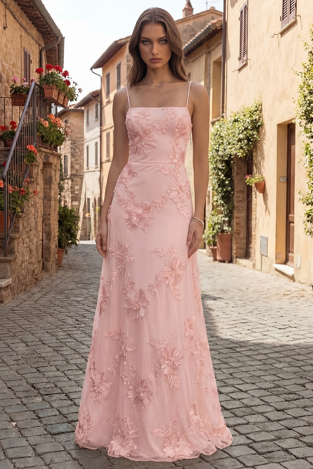 Yellow A Line Spaghetti Straps Long Floral Prom Dress with Appliques