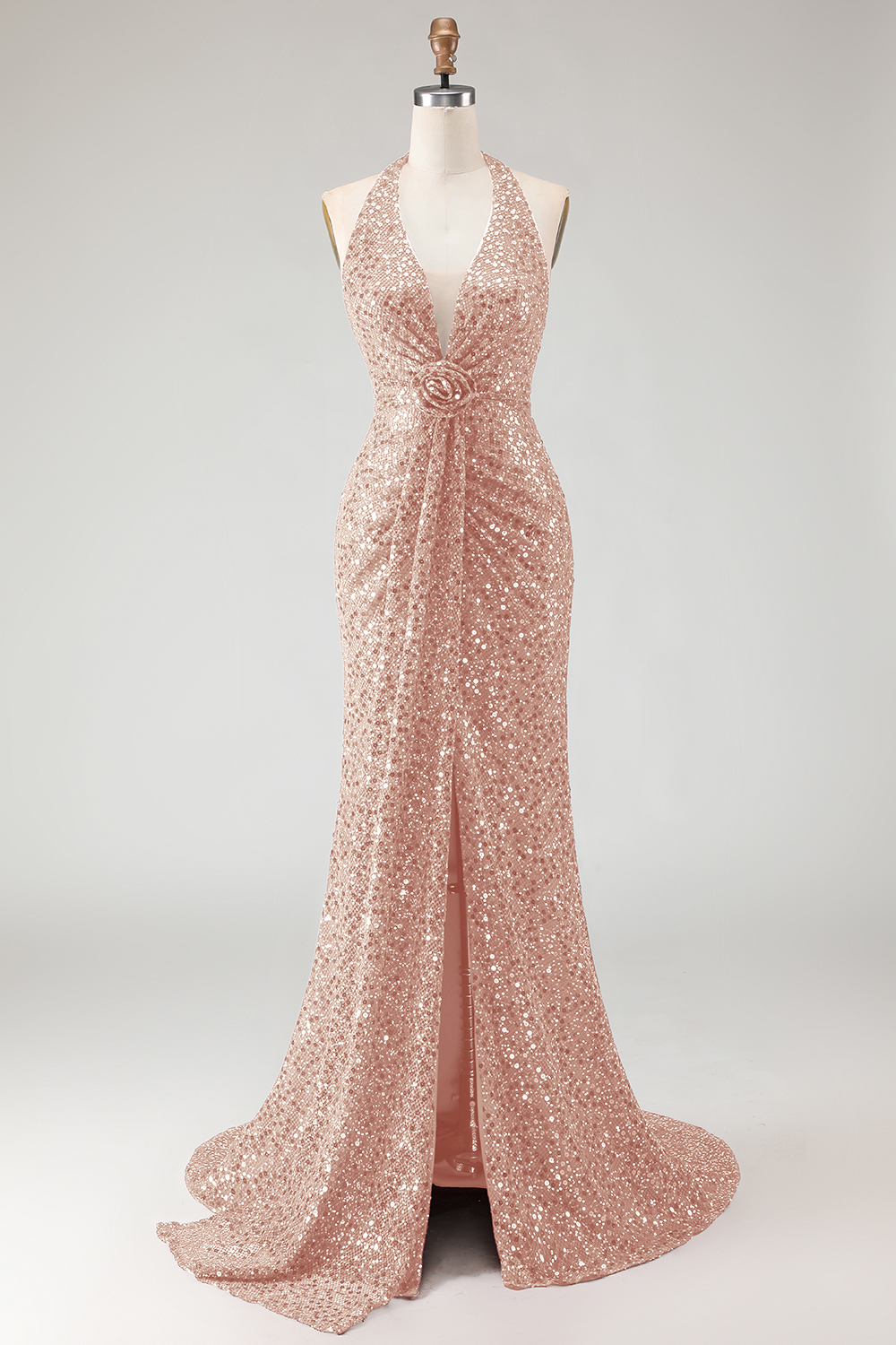 Sparkly Burgundy Sequin Halter Long Mermaid Prom Dress with Slit