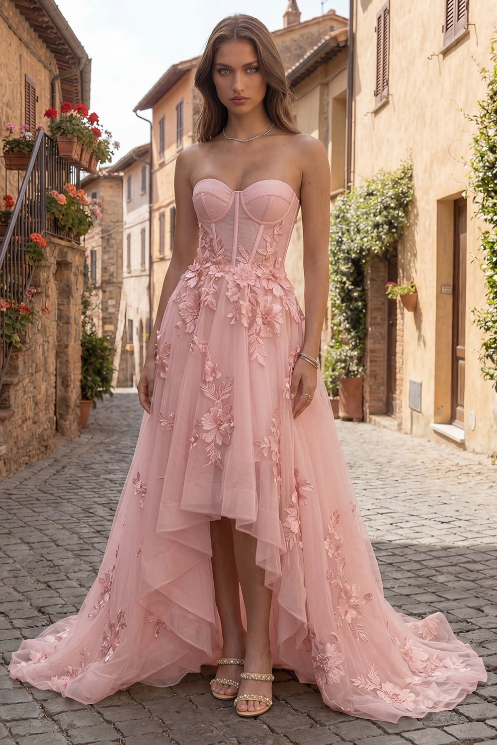 Yellow A Line Corset Floral Strapless High-Low Prom Dress with Ruffles