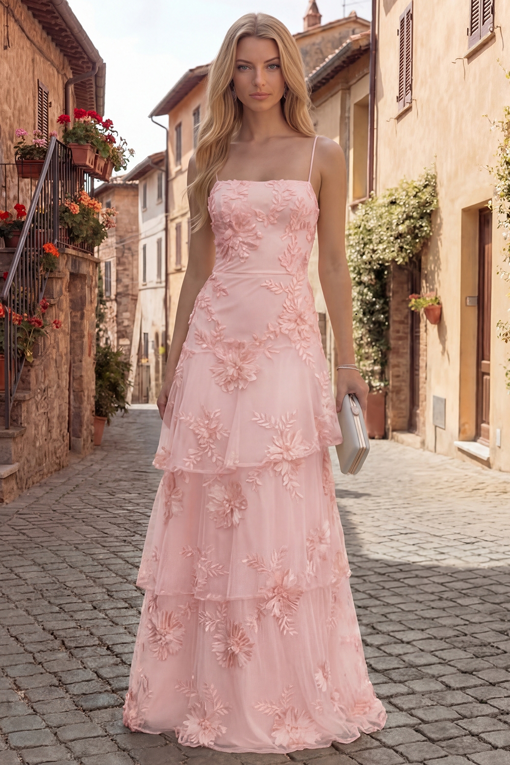 Yellow Spaghetti Straps Floral Long A Line Prom Dress with Ruffles