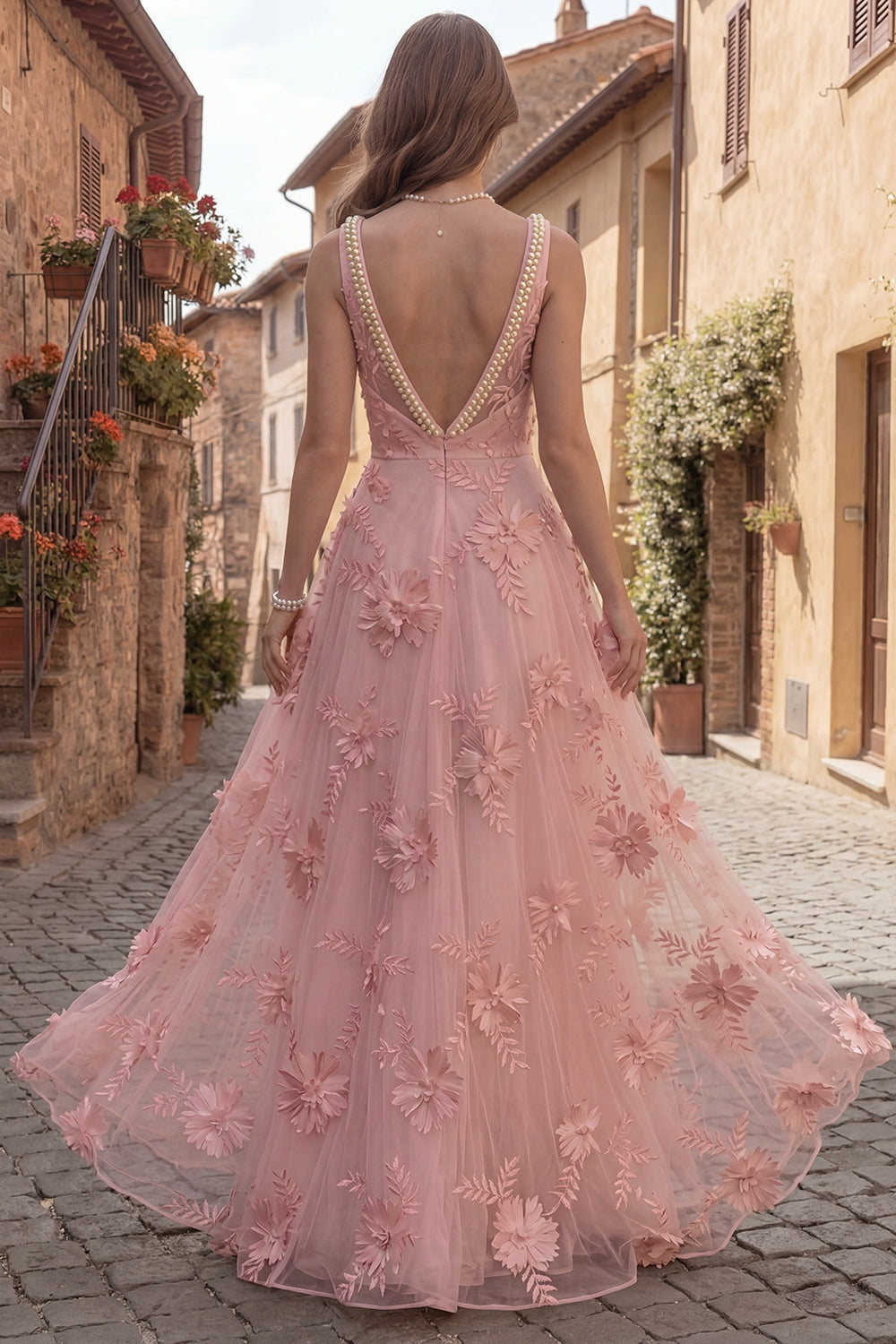 Yellow Floral Beaded Square Neck A Line Long Prom Dress