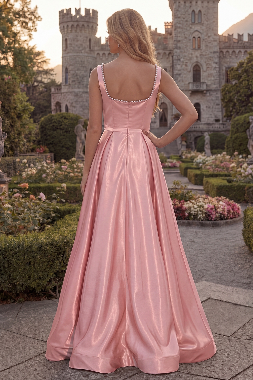 Simple Burgundy Square Neck A Line Long Prom Dress with Pearls