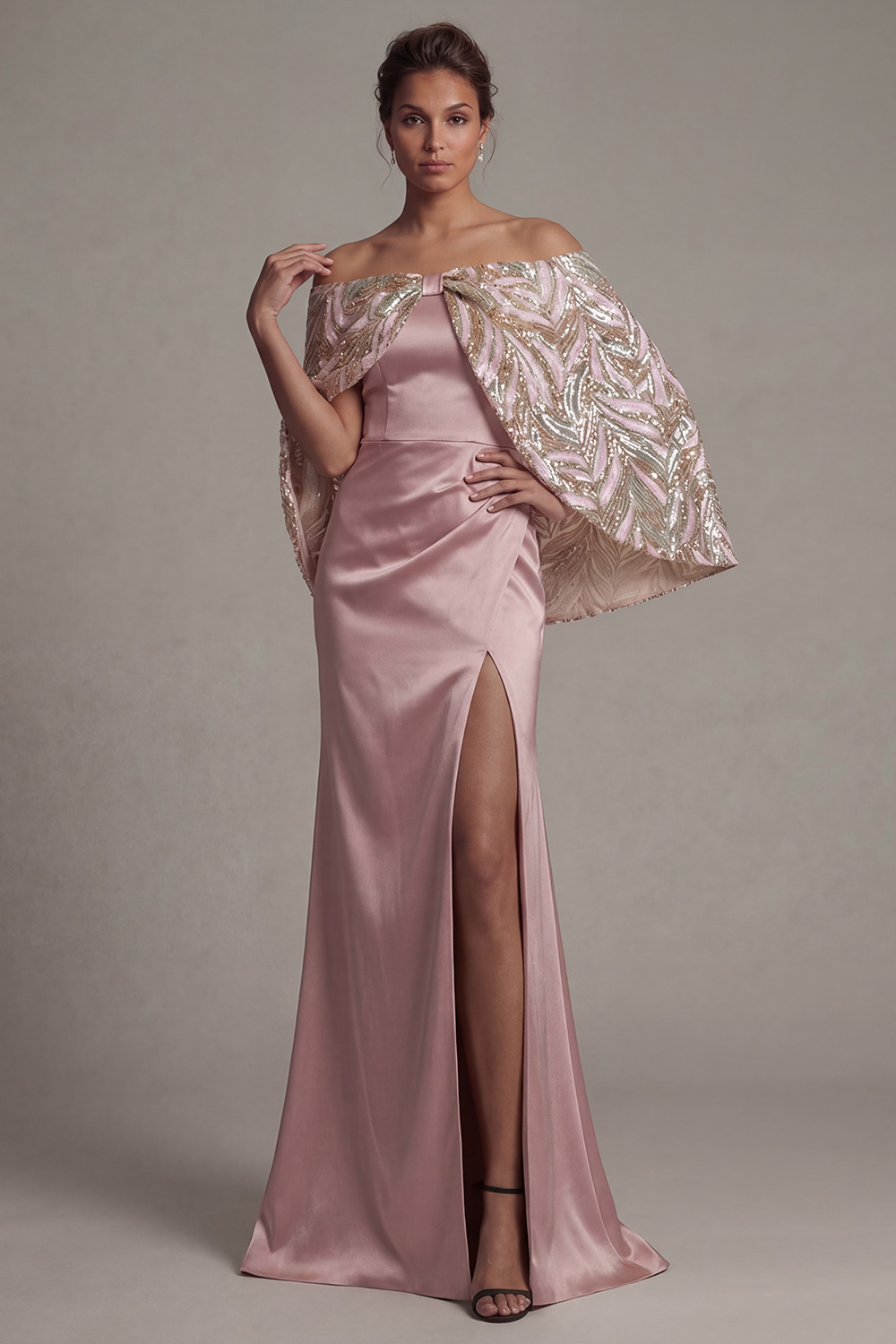 Long Champagne Sparkly Sequin Mermaid Mother of the Bride Dress with Cape