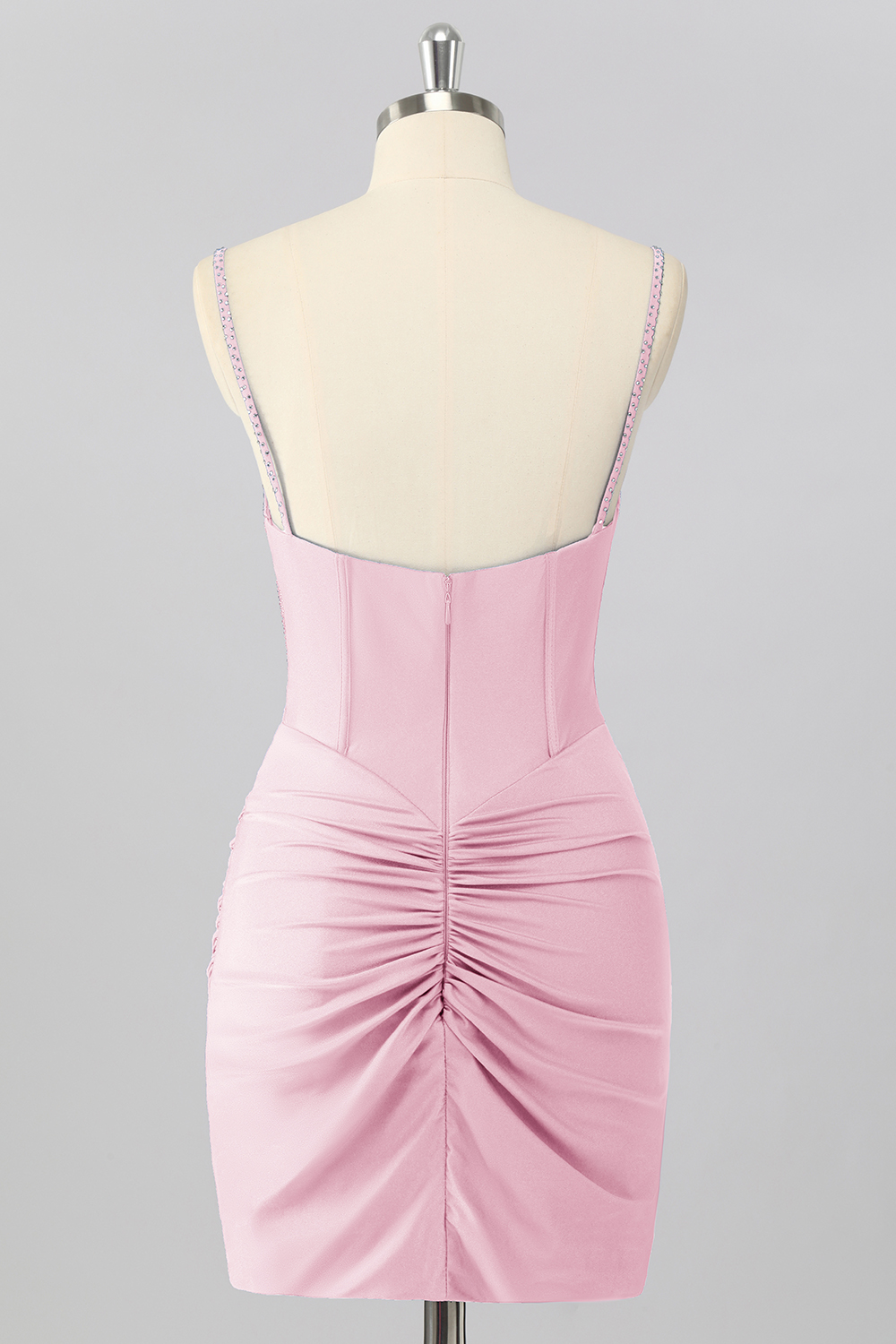 Sparkly Blush Pink Tight Ruched Short Corset Homecoming Dress with Beading