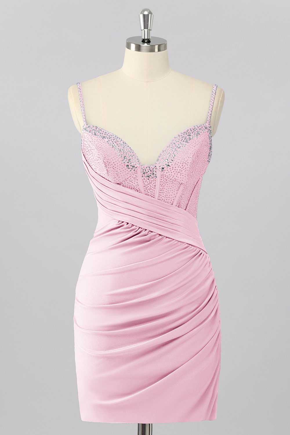 Sparkly Blush Pink Tight Ruched Short Corset Homecoming Dress with Beading