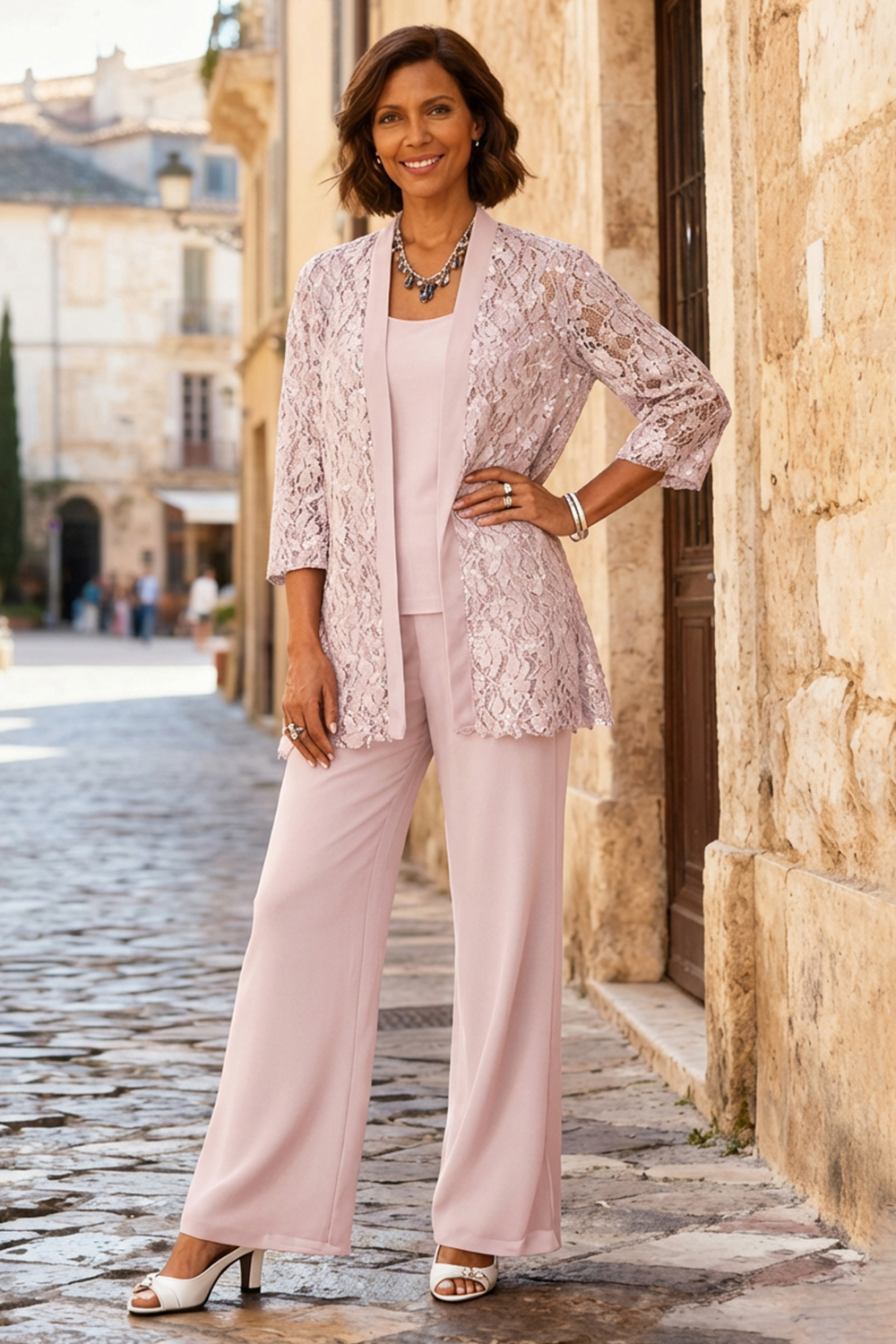 3-Piece Light Grey Round Neck Chiffon Mother of the Bride Pant Suits with Jacket