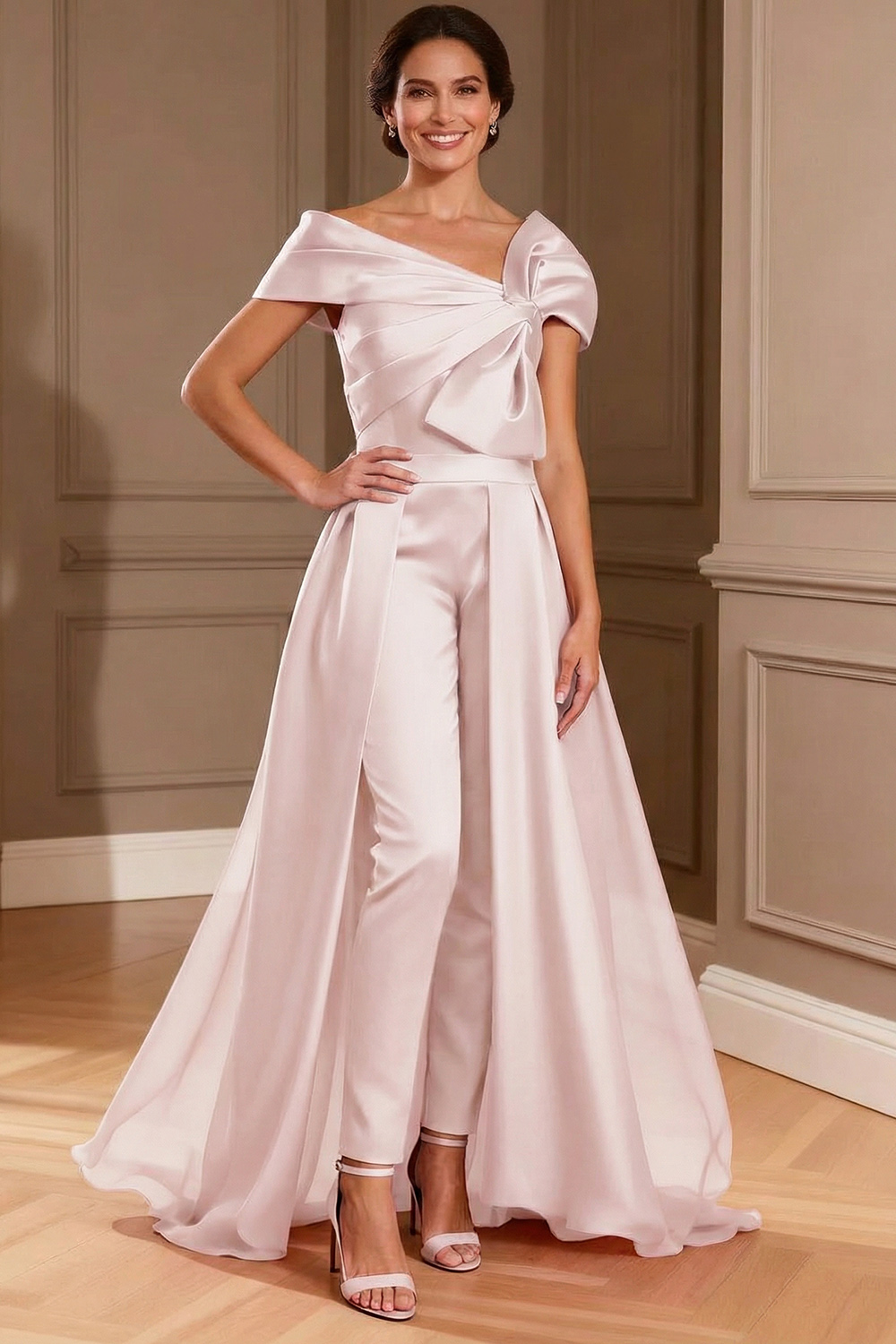 Fuchsia Satin Asymmetrical Neck Mother of the Bride Jumpsuits with Cape
