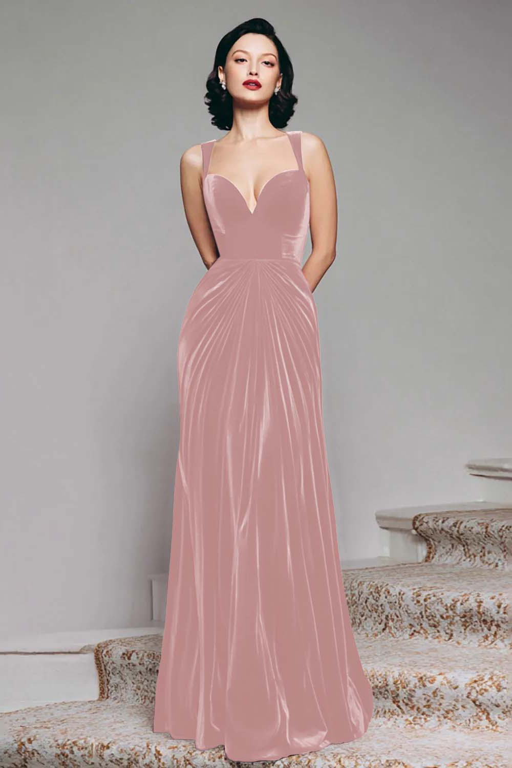 Elegant Burgundy Velvet Mermaid Thick Straps Long Holiday Party Dress