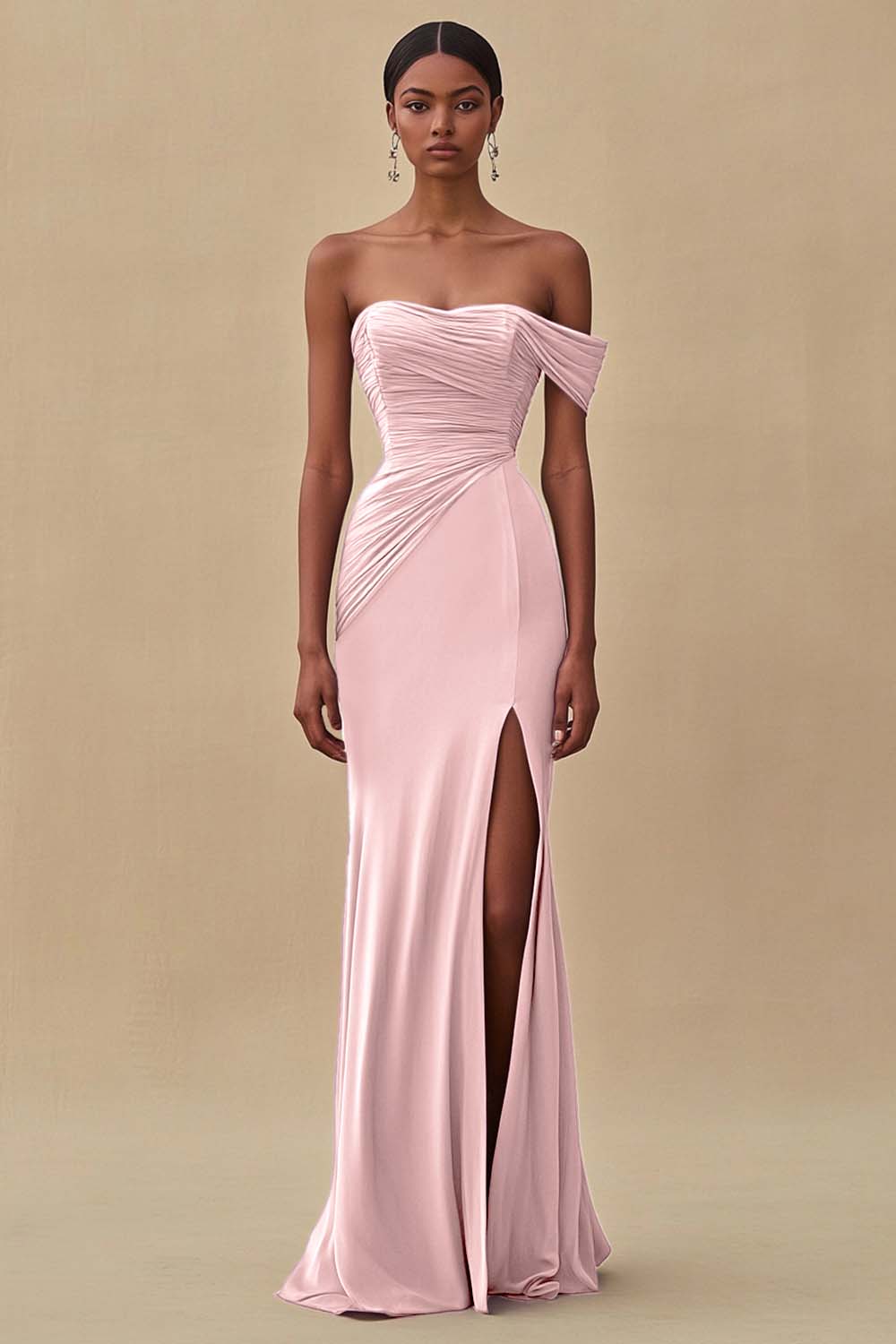 Purple Chiffon Ruched Long Sheath Formal Dress with Slit