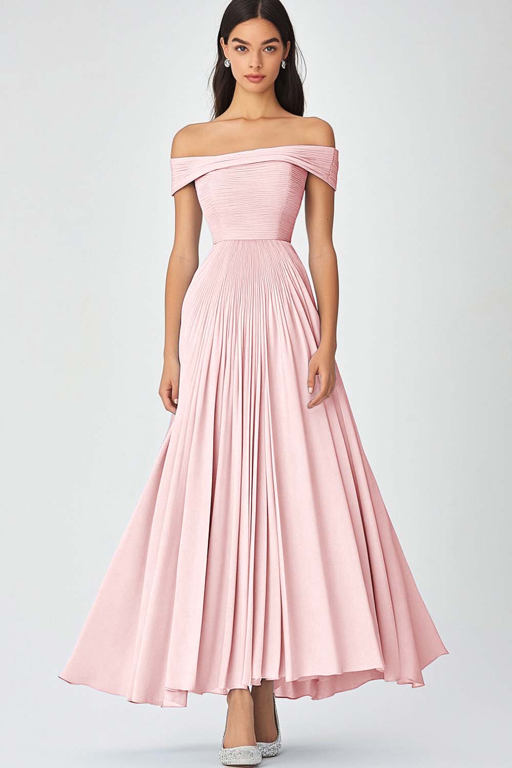 Off the Shoulder Sky Blue A Line Long Chiffon Formal Dress