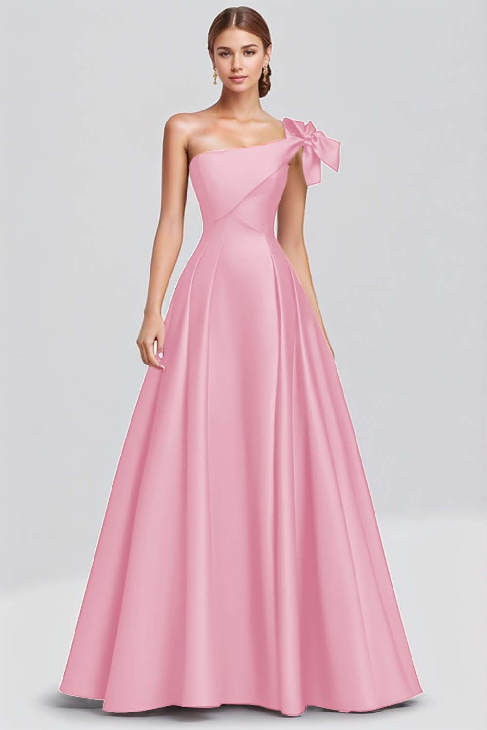 Fuchsia A Line One Shoulder Long Satin Formal Dress with Ruffles