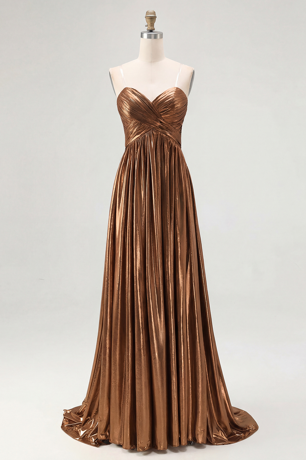 Metallic Gold Satin Deep V Neck Pleated A Line Long Formal Dress