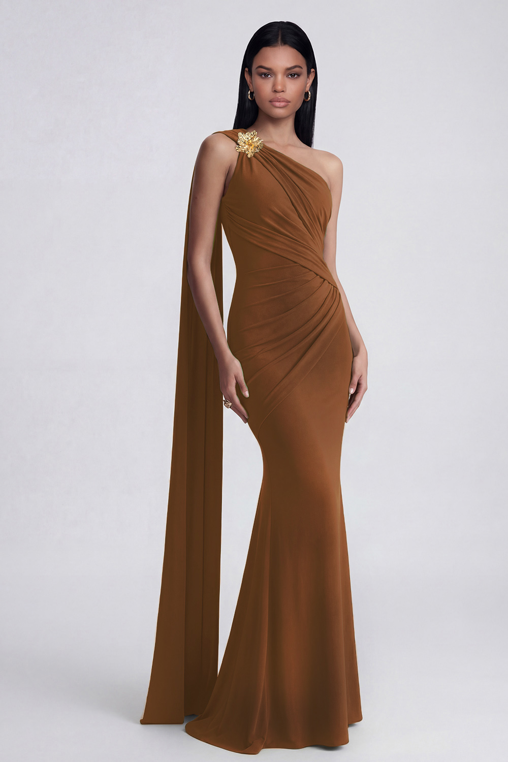 Olive Floral Ruched One Shoulder Long Mermaid Formal Dress with Side Cape
