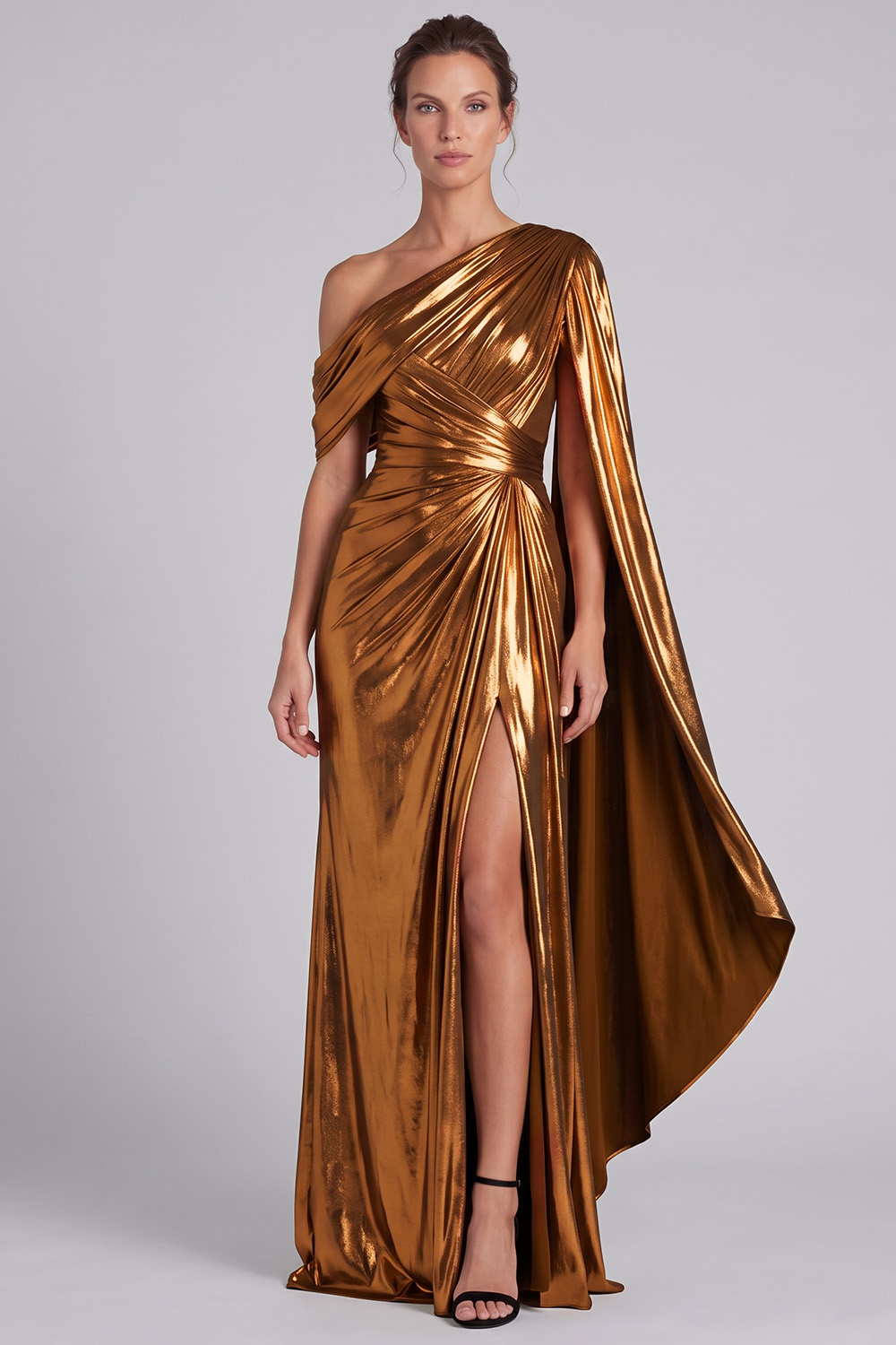Gold Metallic Sheath Ruched One Shoulder Long Formal Dress with Slit