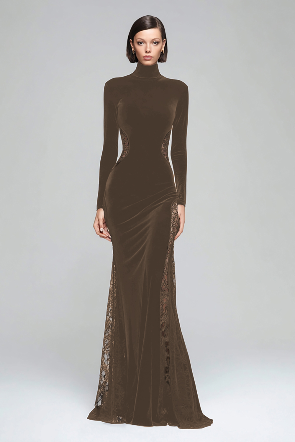 Modest Black Mermaid High Neck Velvet Long Sleeve Formal Dress with Lace