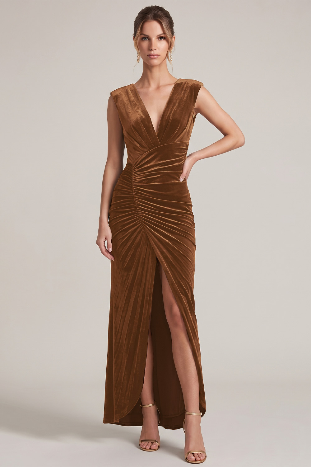 Dark Green Velvet Sheath V-Neck Ruched Maxi Holiday Dress with Slit