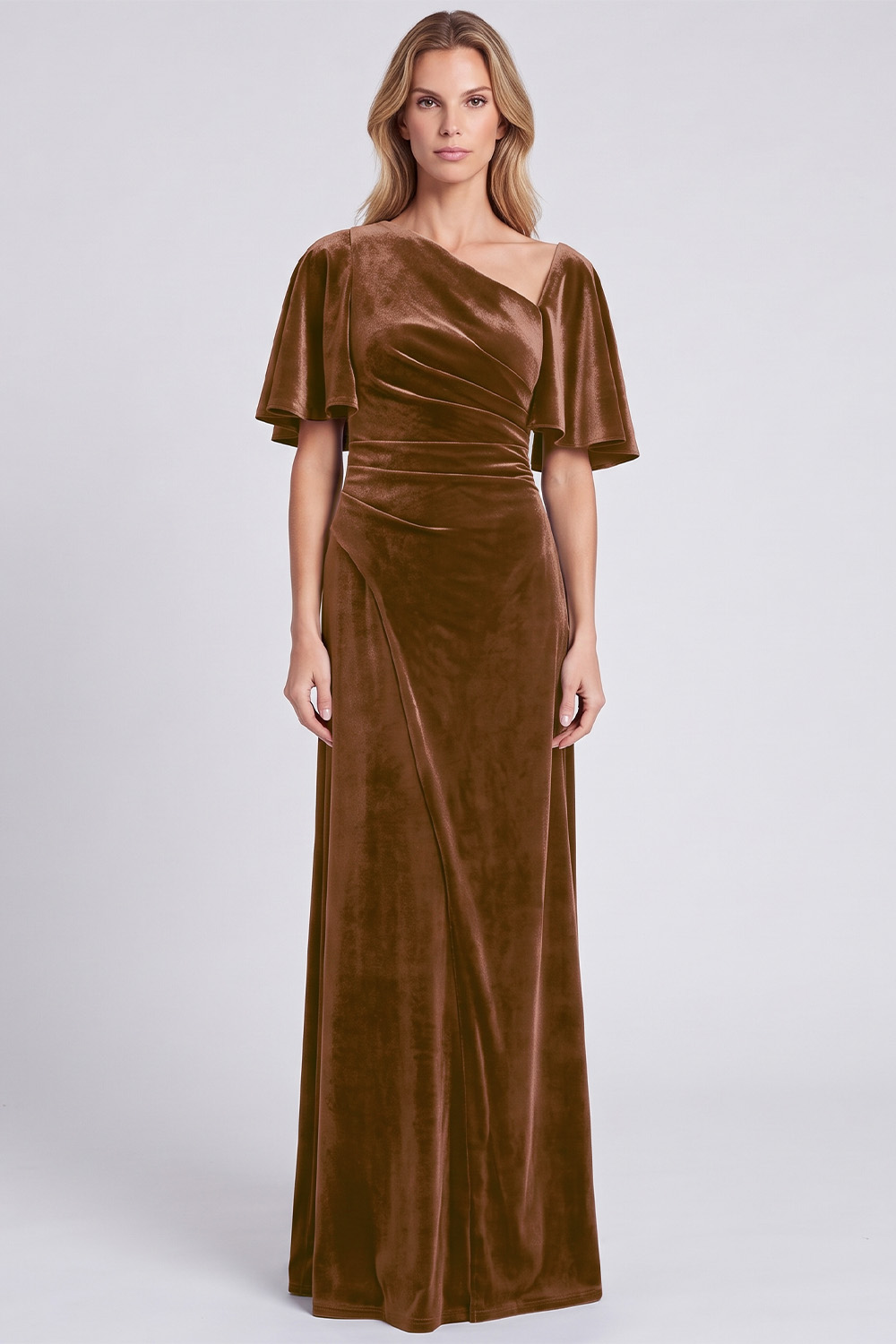 Dark Grey Sheath Asymmetrical Neck Velvet Ruched Long Holiday Party Dress