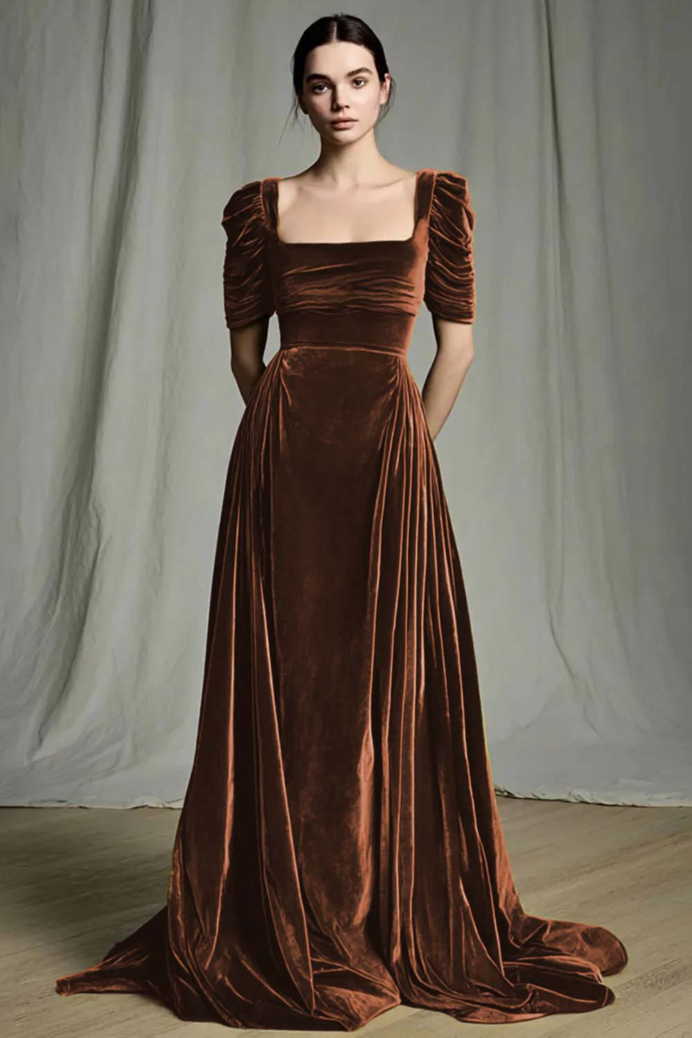 Modest Olive A-Line Square Neck Long Velvet Holiday Party Dress with Sleeves