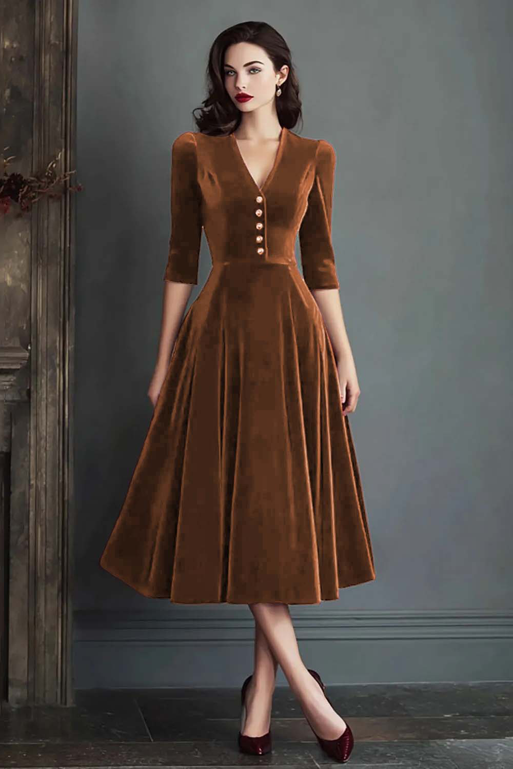 Burgundy Velvet A-Line V-Neck Midi Holiday Party Dress