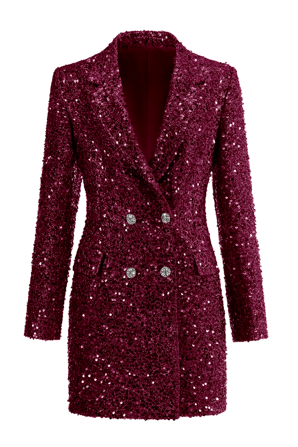 Sparkly Fuchsia Notched Sequins Lapel Double Breasted Slim Fitted Women Blazer