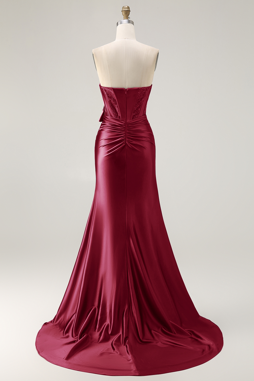 Navy Satin Strapless Mermaid Long Corset Prom Dress with Slit