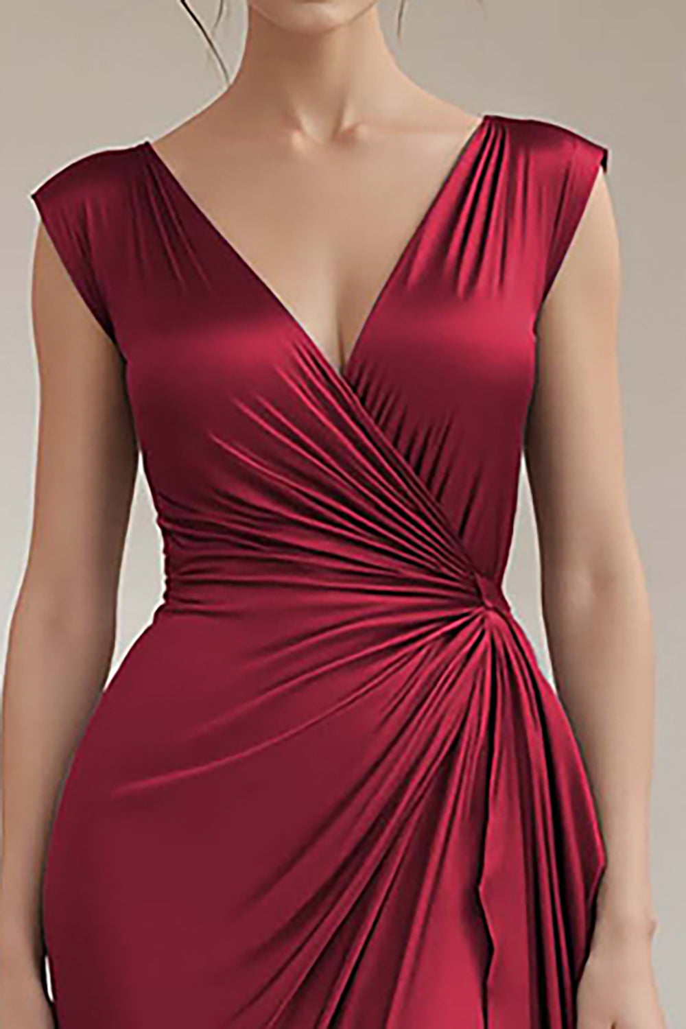 Grey Blue Sheath V-Neck Long Ruched Formal Dress with Ruffles