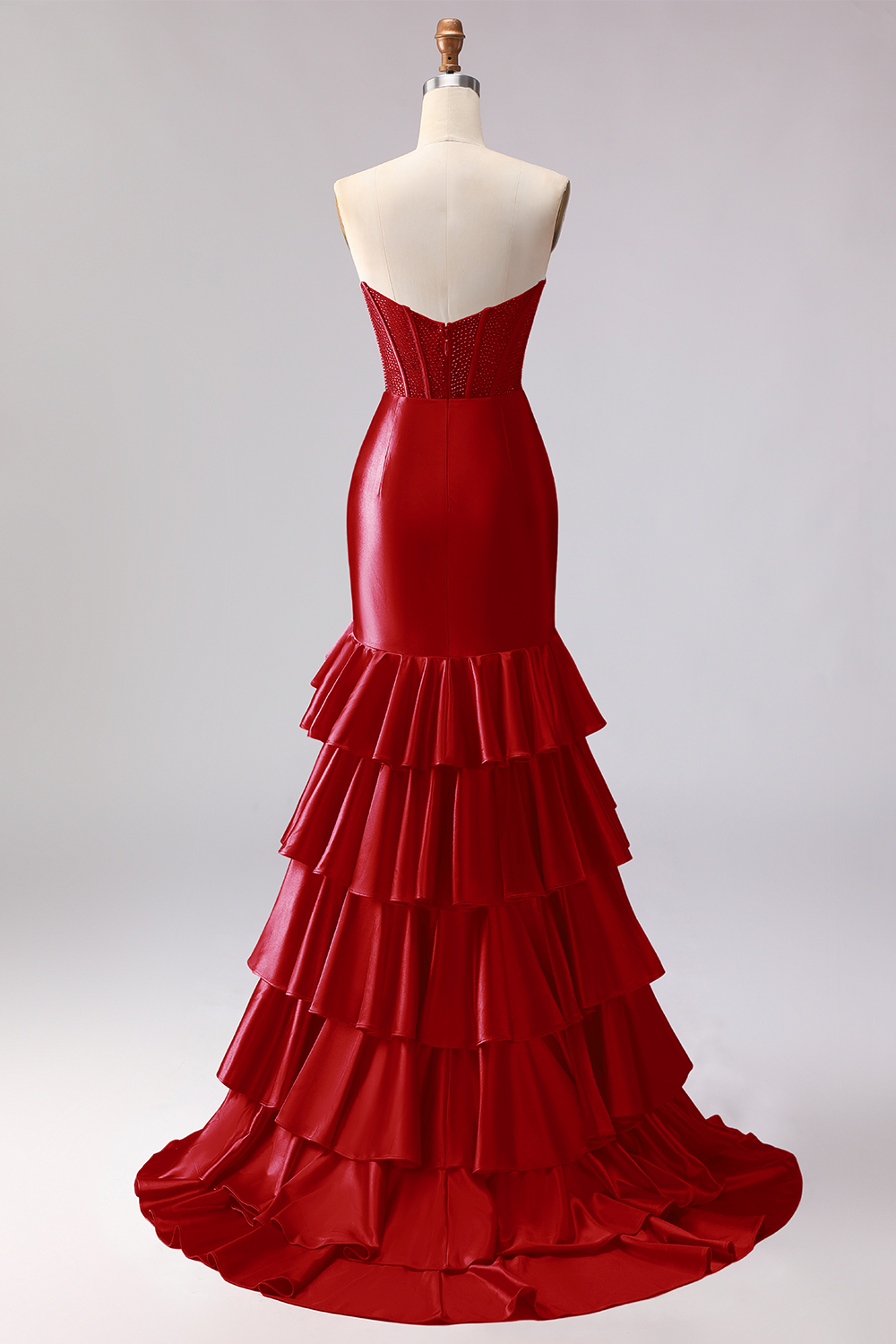 Sparkly Red Beaded Mermaid Sweetheart Ruffled Long Corset Prom Dress