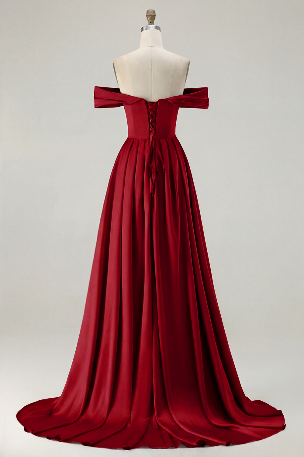 Blue A Line Off the Shoulder Long Satin Prom Dress with Slit