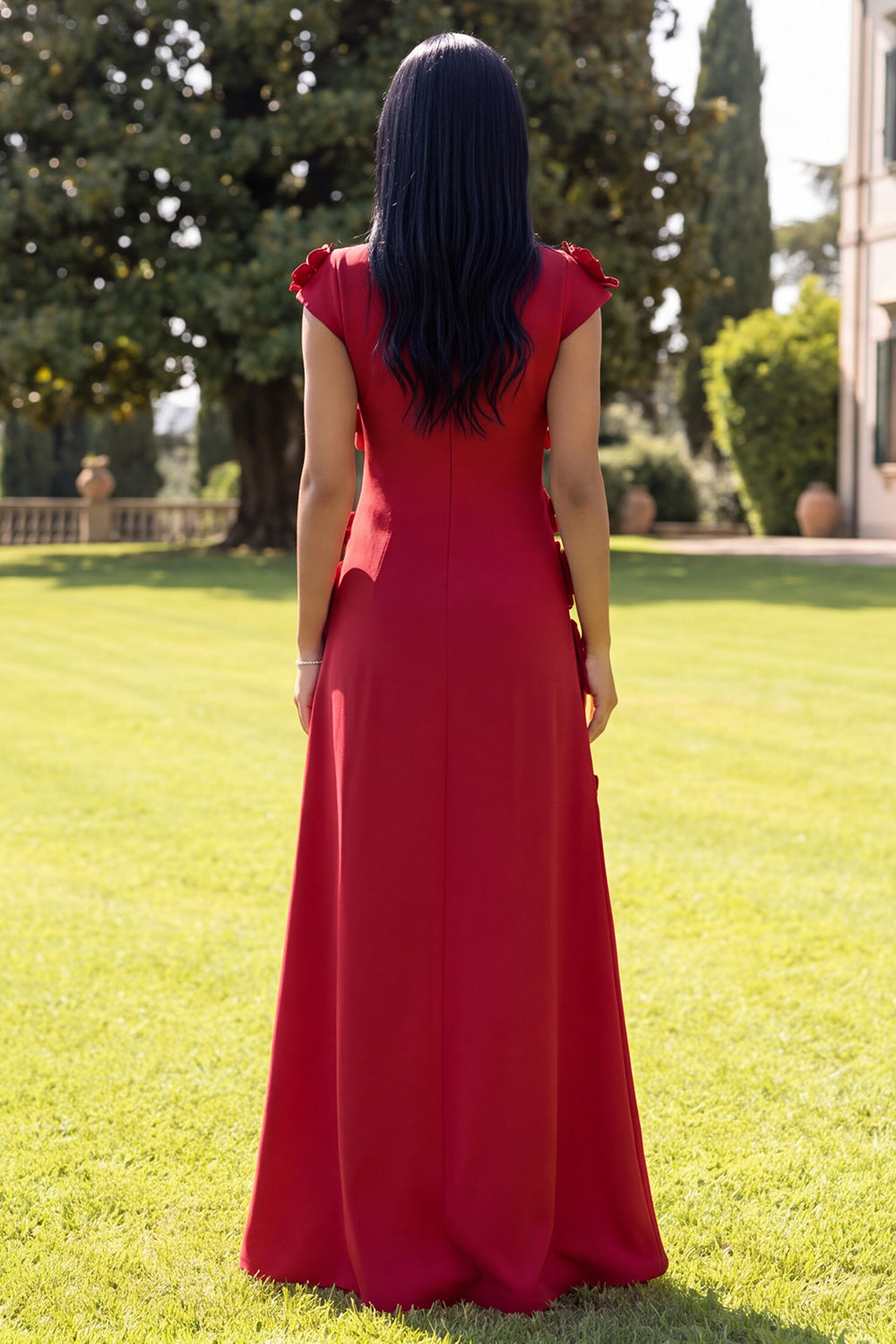 Navy A Line Floral Round Neck Long Formal Dress with Sleeves