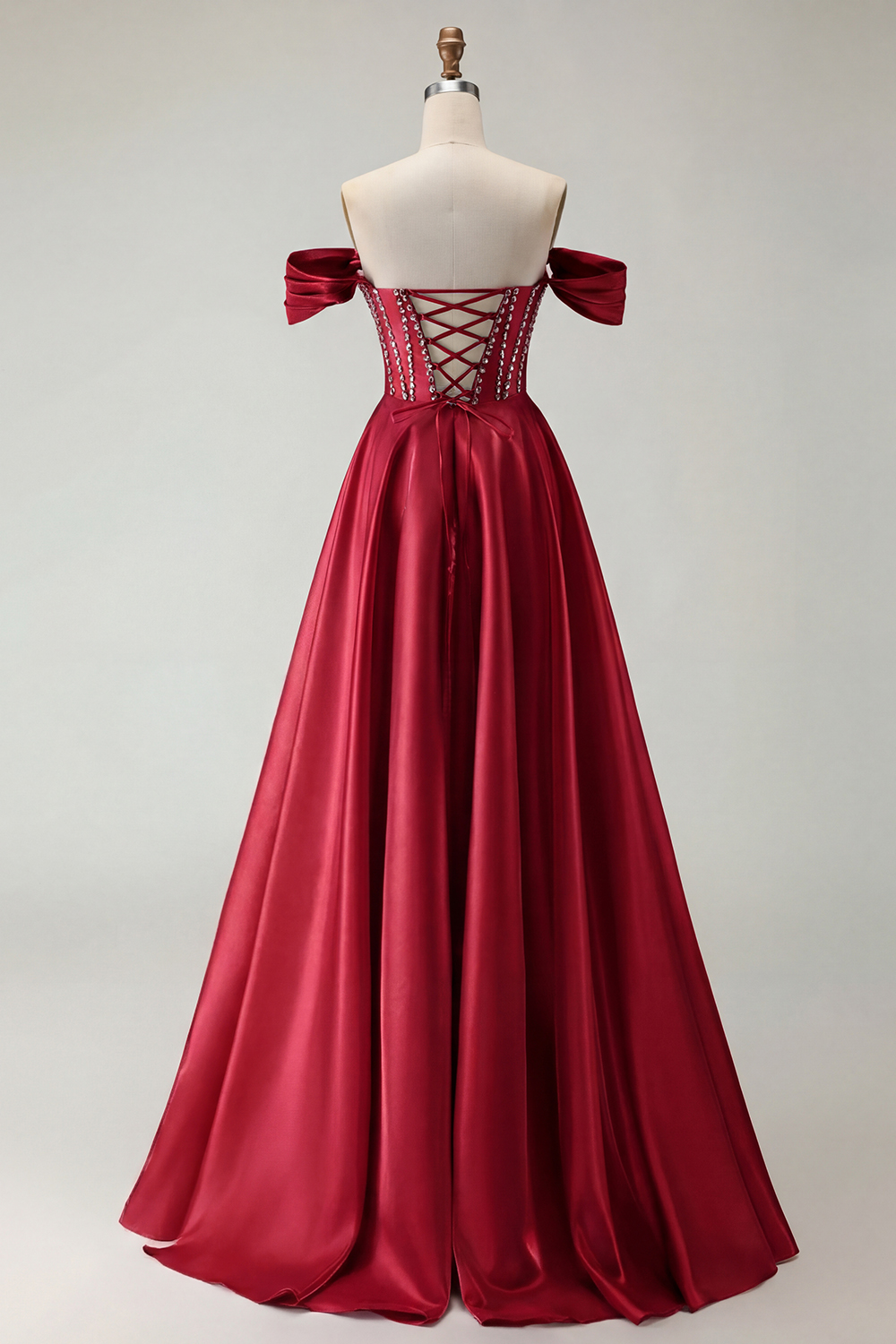 Sparkly Purple A-Line Satin Off the Shoulder Long Corset Prom Dress with Slit