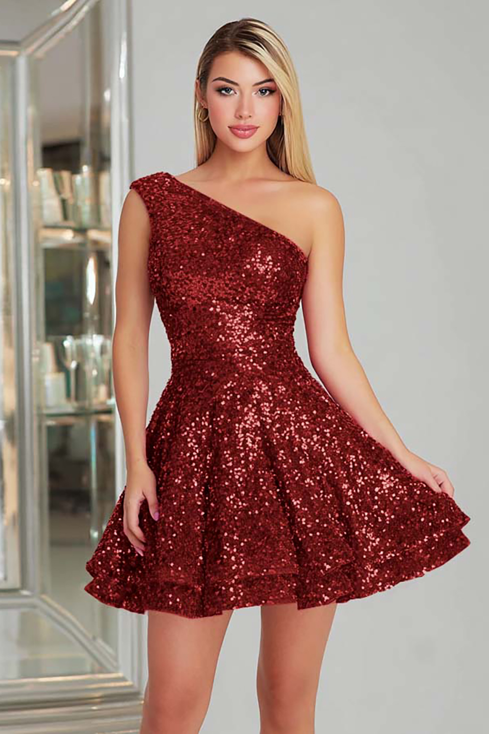 Sparkly Fuchsia One Shoulder A-Line Short Sequin Homecoming Dress