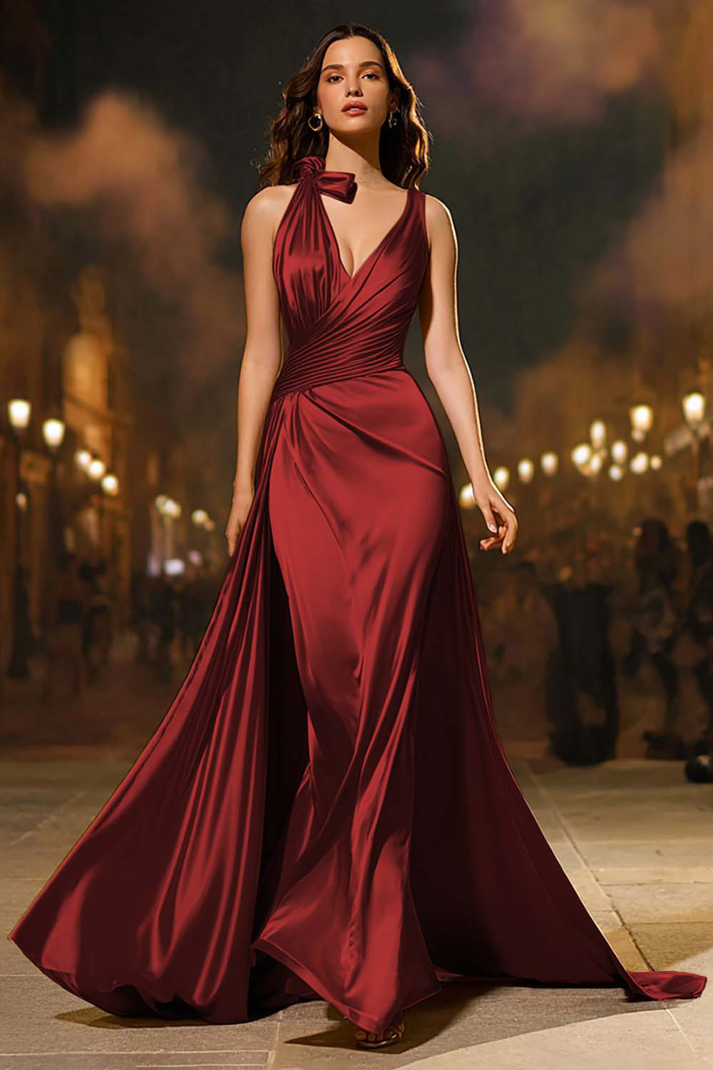 Gold Satin Mermaid V-Neck Ruched Long Formal Dress with Cape
