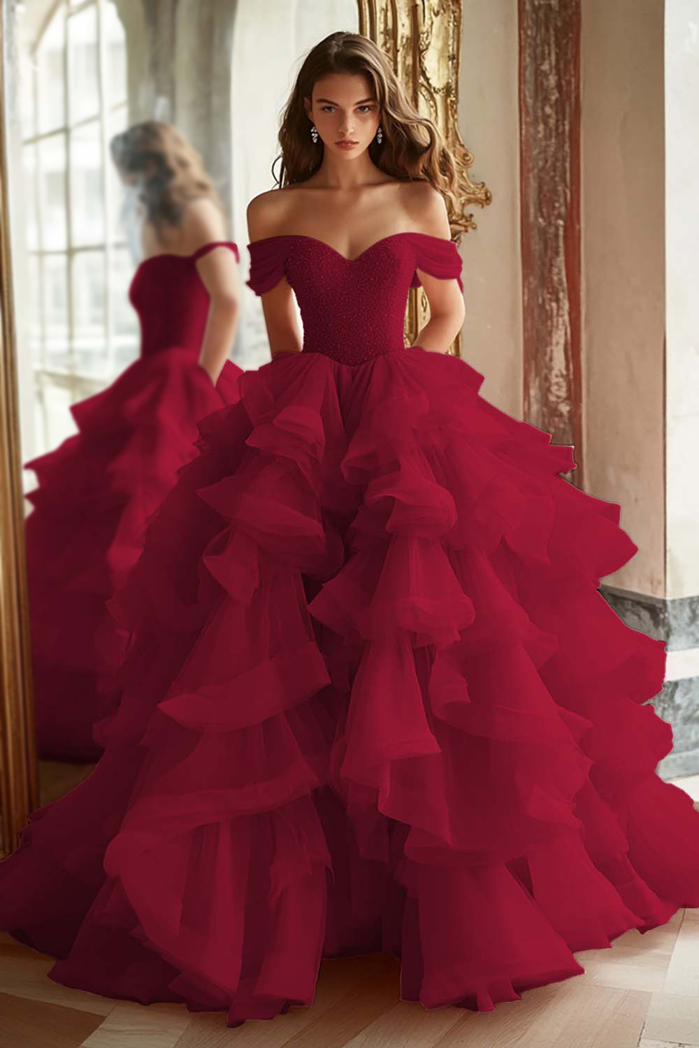 Pink Ball Gown Tulle Off the Shoulder Tiered Long Prom Dress