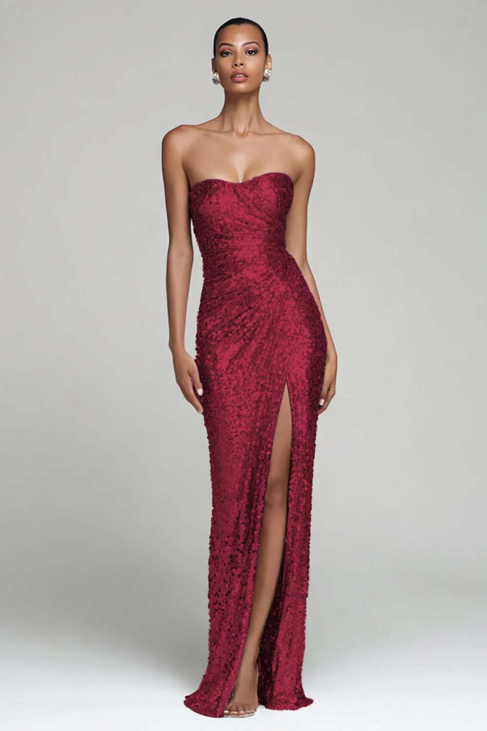 Sparkly Silver Strapless Ruched Long Sequin Holiday Party Dress with Slit