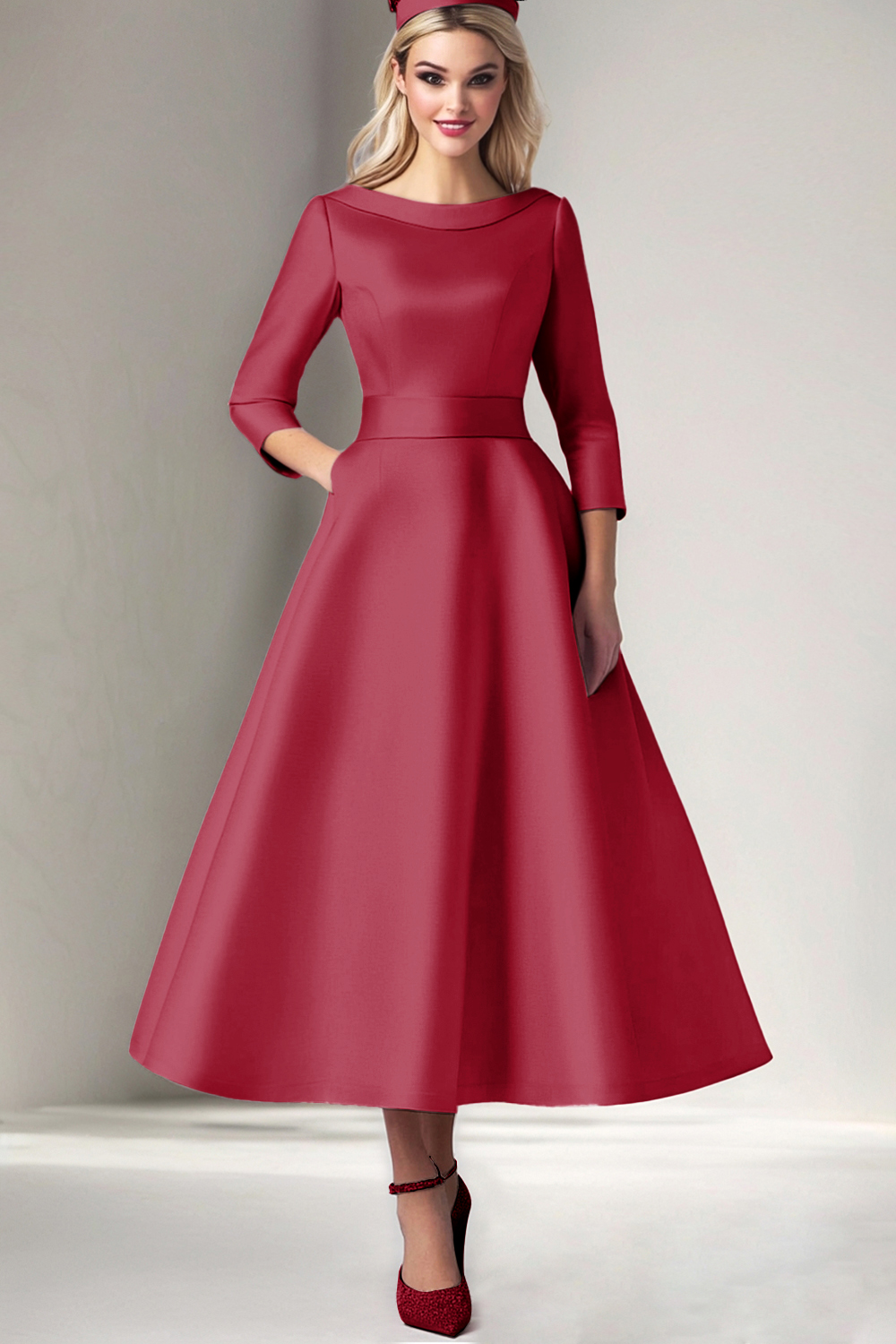 Pink Boat Neck A-Line Satin Tea Length Mother of the Bride Dress with 3/4 Sleeves