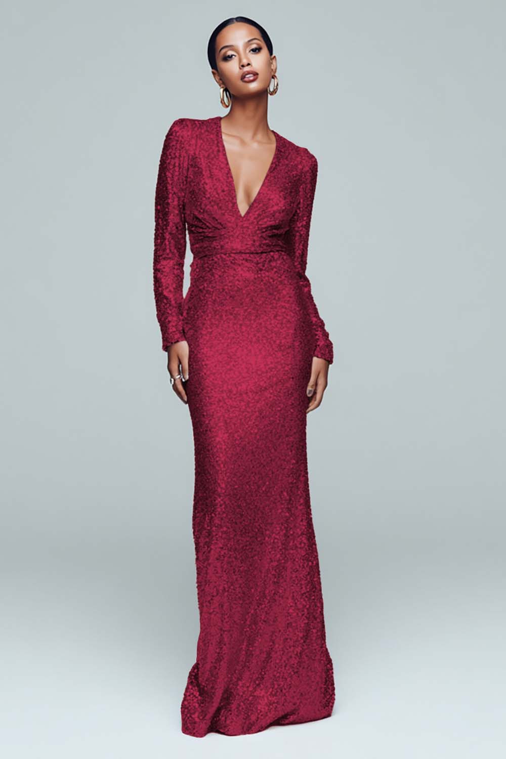 Sparkly Gold Sequin Mermaid V-Neck Long Sleeves Holiday Party Dress