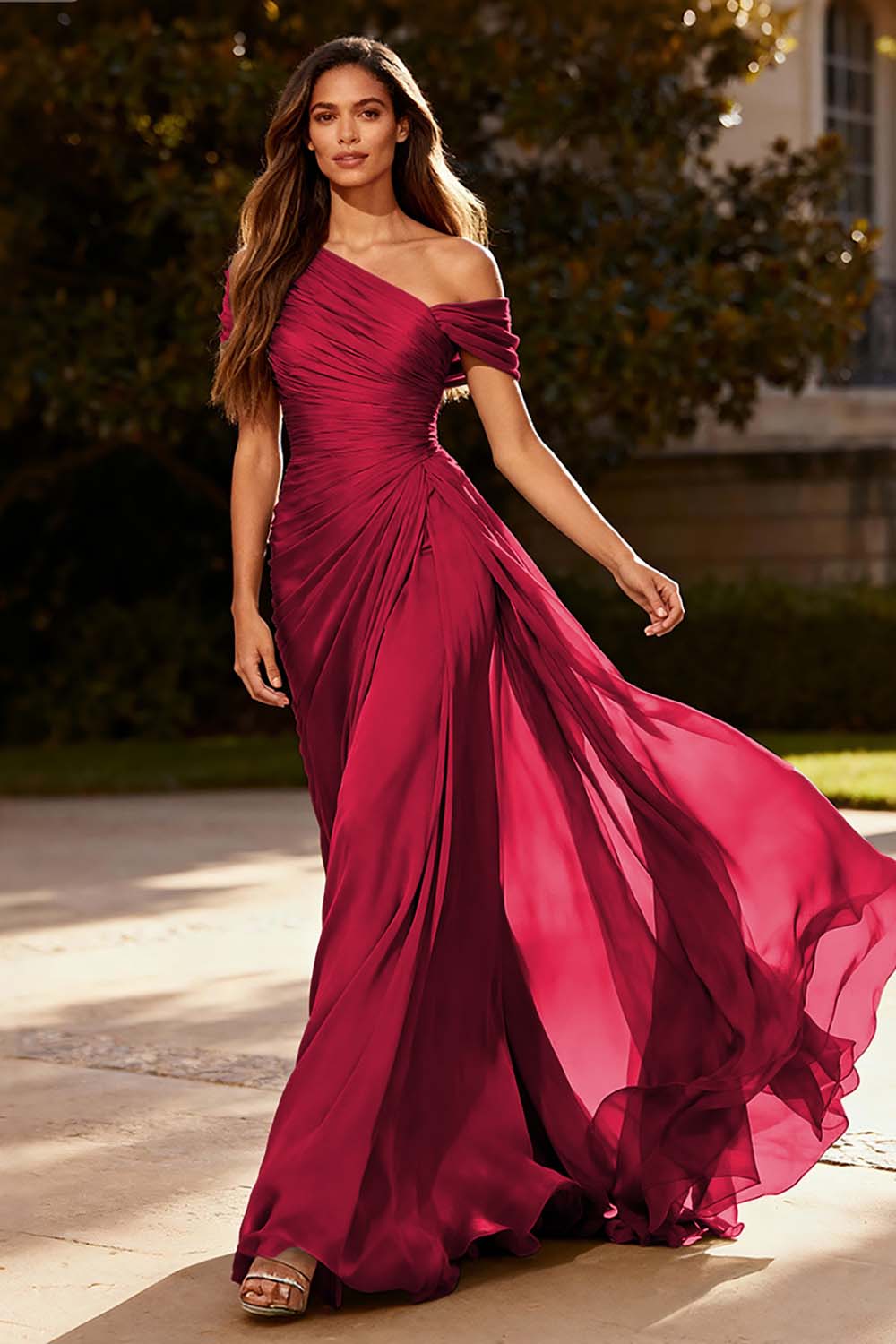 Dusty Sage One Shoulder Chiffon Ruched Long Formal Dress with Side Cape
