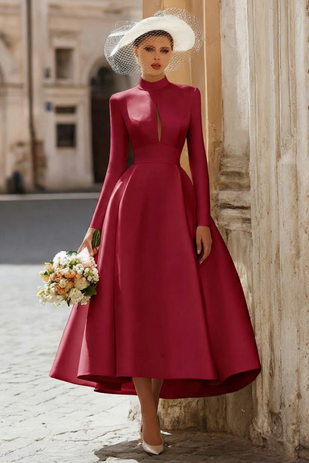 Vintage Ivory High Neck A Line Keyhole Long Sleeves Wedding Dress