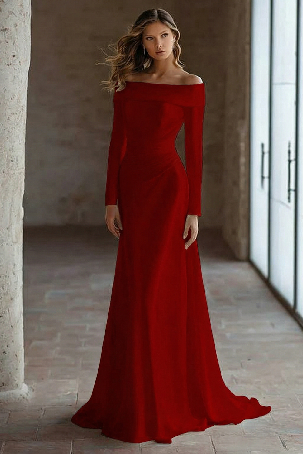 Ivory Satin Off the Shoulder Sweep Train Wedding Reception Dress with Sleeves