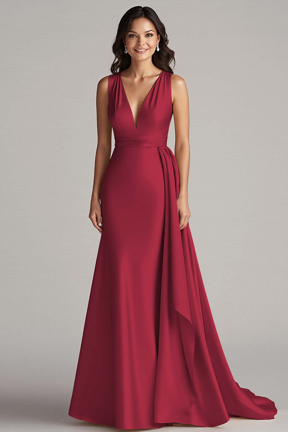 Champagne Deep V-Neck Sleeveless Long Satin Formal Dress