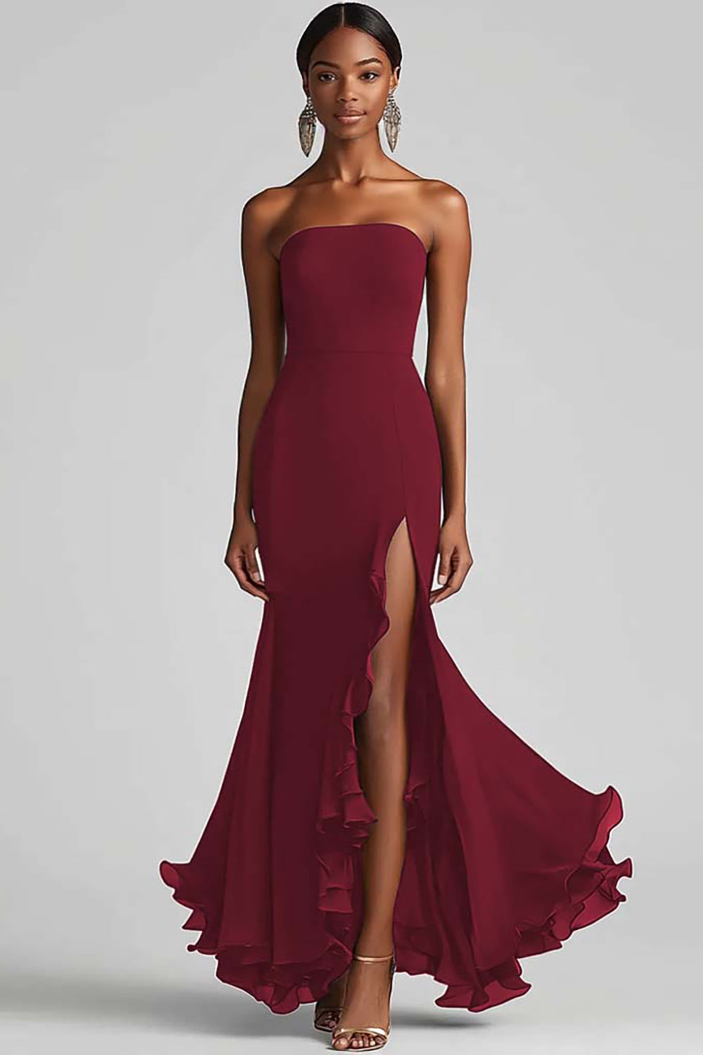 Strapless Sheath Chiffon Long Black Tie Dress with Slit
