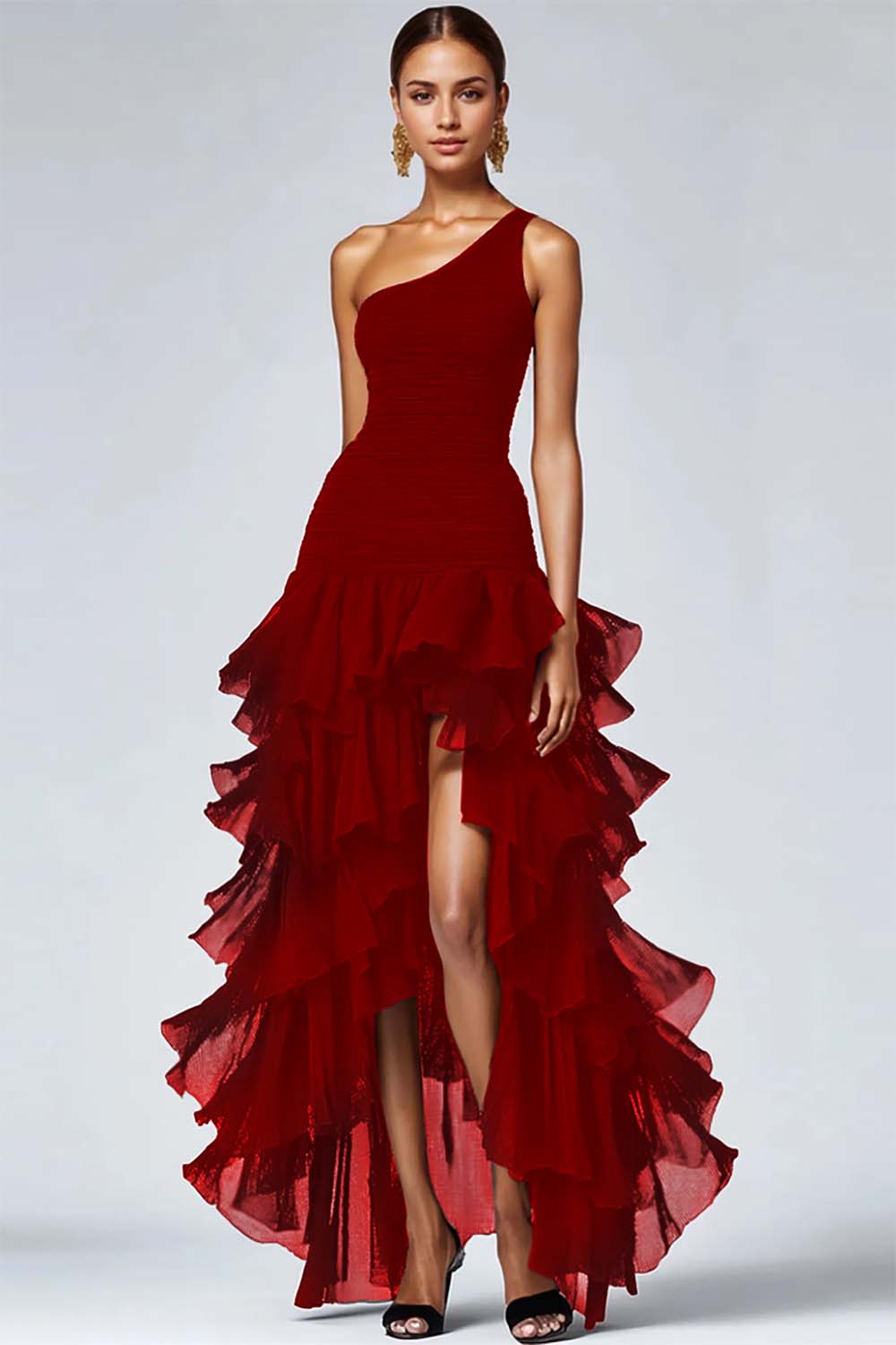 Organza A Line One Shoulder Tiered Long Black Tie Dress