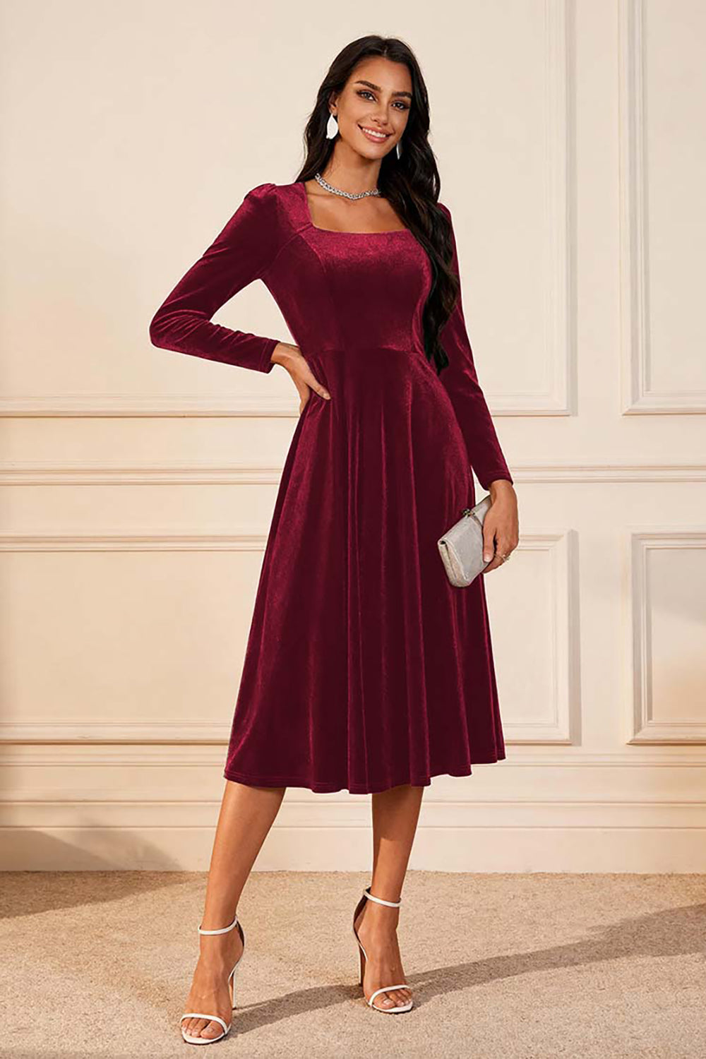 Elegant Dark Green A Line Velvet Midi Glitter Holiday Party Dress with Sleeves