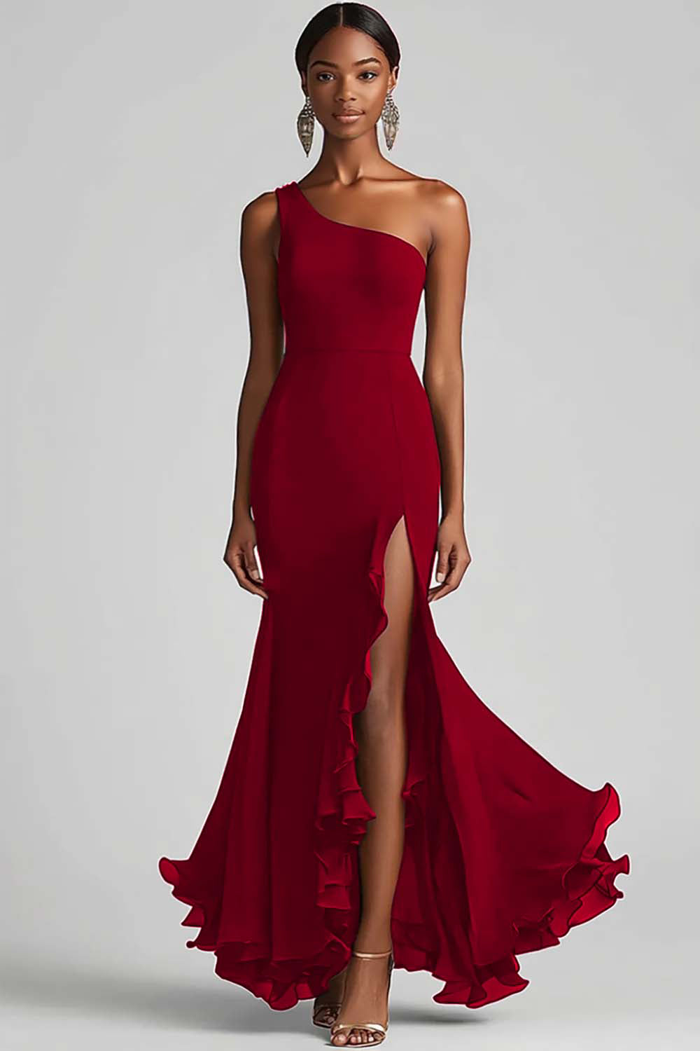 Flowy Black One Shoulder Long Chiffon Formal Dress with Slit